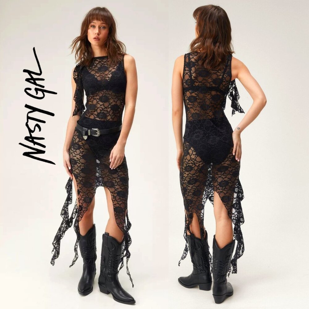 💋GORGEOUS BOHO CHIC💋 Asymmetrical Frilled Mini Dress in Floral Black Lace